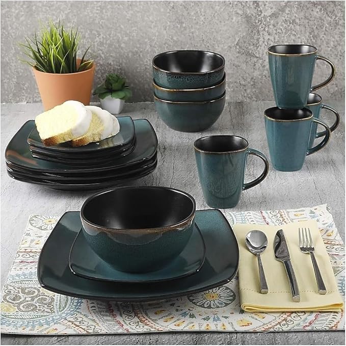 Title: 16-Piece Soft Square Stoneware Dinnerware Set – Teal Green and Black Dish Set Service for 4 Microwave &amp Dishwasher Safe