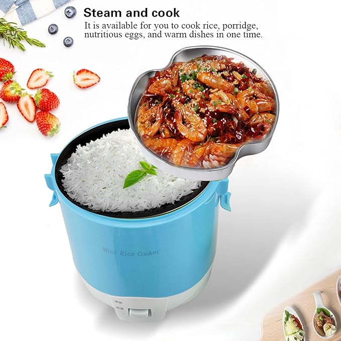 AYNEFY Portable Electric Rice Cooker 1.6L Multifunctional Food Warmer with Nonstick Coating 180W 24V for Office Travel and Camping Rice Cooker (Blue)