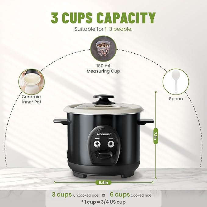 3-Cup Uncooked Rice Cooker Small - Ceramic Coating Non-Toxic Inner Pot One-Touch Multifunction for Rice/Sauté/Yogurt Dishwasher Safe 1-3 People Size Dark