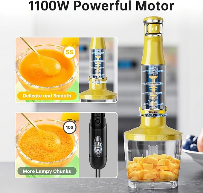 Immersion Blender Handheld Corded Hand Blenders Set 1100W Trigger Variable Speed 5 in 1 Stick Emulsifier with Chopper Whisk and Frother for Soup Baby Food and Smoothies Yellow