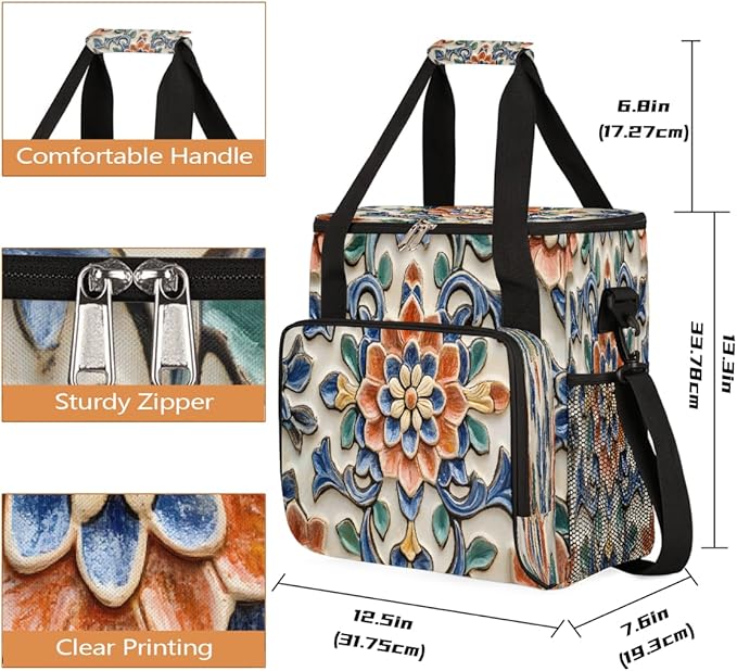 Ceramic Flower Blue Coffee Maker Carring Bag Travel Carrying Storage Tote Bag Compatible with Keurig K-Mini or K-Mini Plus Portable Single Serve Coffee Brewer Case with Pockets for K-cup Pods