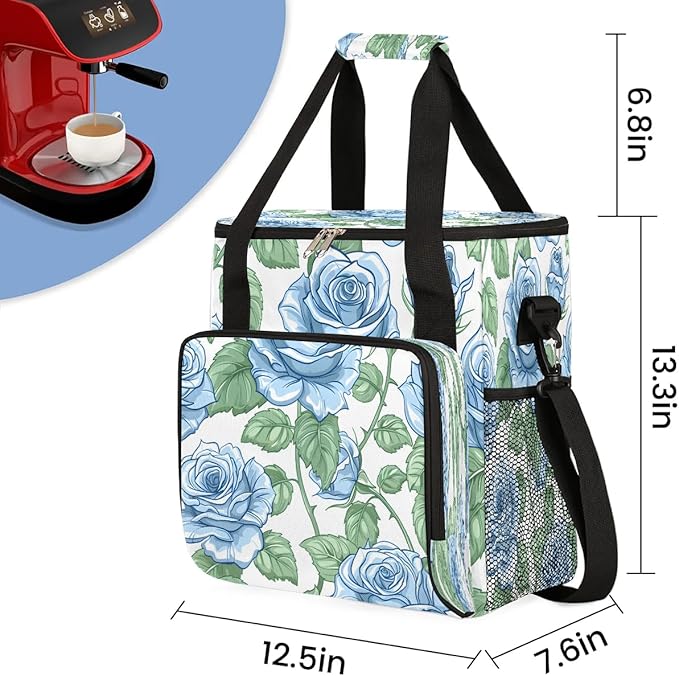 Blue Rose Print Coffee Maker Carrying Bag Compatible with K-Mini or K-Mini Plus Portable Single Cup Coffee Maker Case with Pockets for K Cup Pods