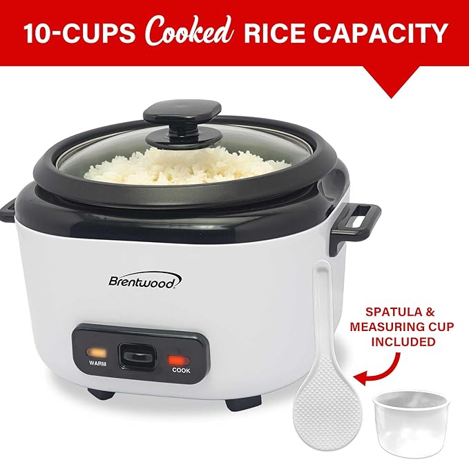 Brentwood 7-Function Smart Rice Multi-Cooker – Food Steamer Slow Cooker Sauté Keep Warm and 15hr Delay Timer Stainless Steel (White 10 Cups Cooked / 5 Cups Uncooked)