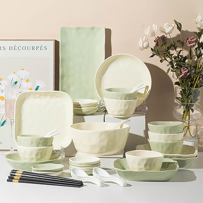 43/57 Pieces Bowls and Plates Set Cream Style Dinner Set Stackable Dishes Sets Dishwasher Safe Dinnerware Sets Easy to Heat Microwave and Oven Safe Two Colors Mix and Match Service for 8/10 Peoples(43