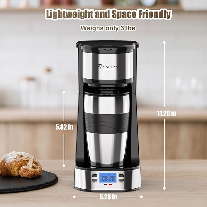 RAINBEAN Single Serve Coffee Maker Programable Single-Serve Brewers Timer Auto Start/Off 14 Oz Single Cup Coffee Machine For Ground Coffee 700W Quick Brewing Perfect Gifts for Coffee Lovers