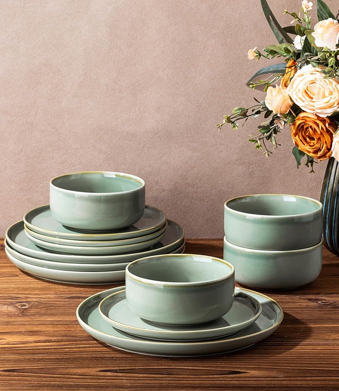 TheTerra Ceramic Dinnerware Sets for 4 12 Pieces Handmade Reactive Glaze Plates and Bowls Set Scratch Resistant Dish Set Oven &amp Microwave &amp Dishwasher Safe Eucalyptus