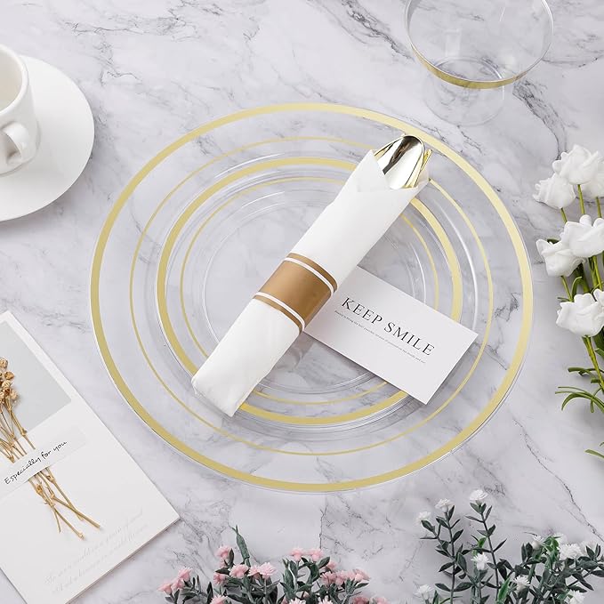 BESTVIP 700PCS Clear Gold Plastic Dinnerware Set for 100 Guests Disposable Party Plate for Christmas and New Year Include: 200 Plastic Plates 100 Pre Rolled Napkins with Silverware 100 Cups