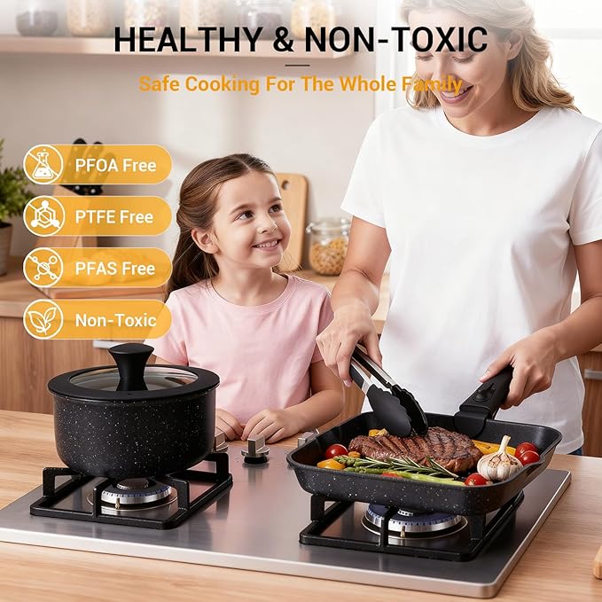 Ammeloo 21 Pcs Pots and Pans Set Non Stick with Detachable Handle with Grill Pan &amp 22pcs Baking Pans Set Stackable Bakeware