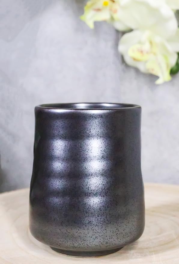 Ebros Gift Iron Black Clay Underglaze Technique Tetsu Kesho Porcelain Dinnerware Kitchen Set Asian Japanese Restaurant Supply (Pack Of 6 Reactive Glaze Tea Cups 9oz)