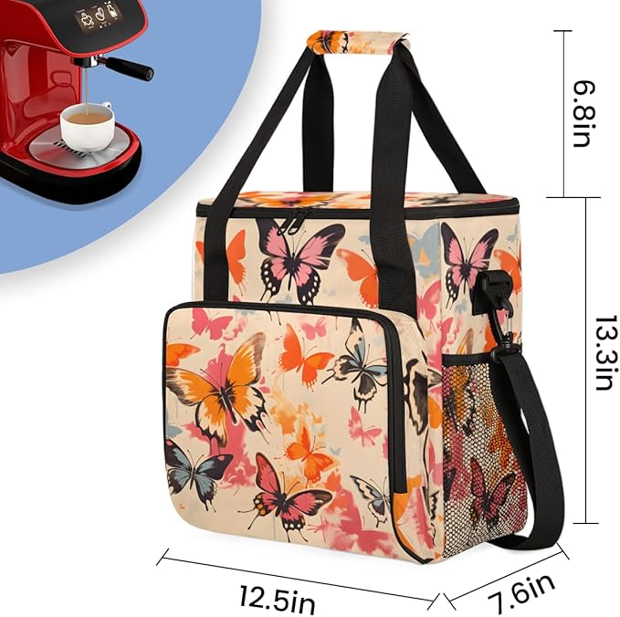 Watercolor Butterfly Coffee Maker Carrying Bag Abstract Butterfly Travel Storage Bag Compatible with K-Mini or K-Mini Plus Single Serve Coffee Brewer Carrying Case with Pockets &amp Shoulder Strap