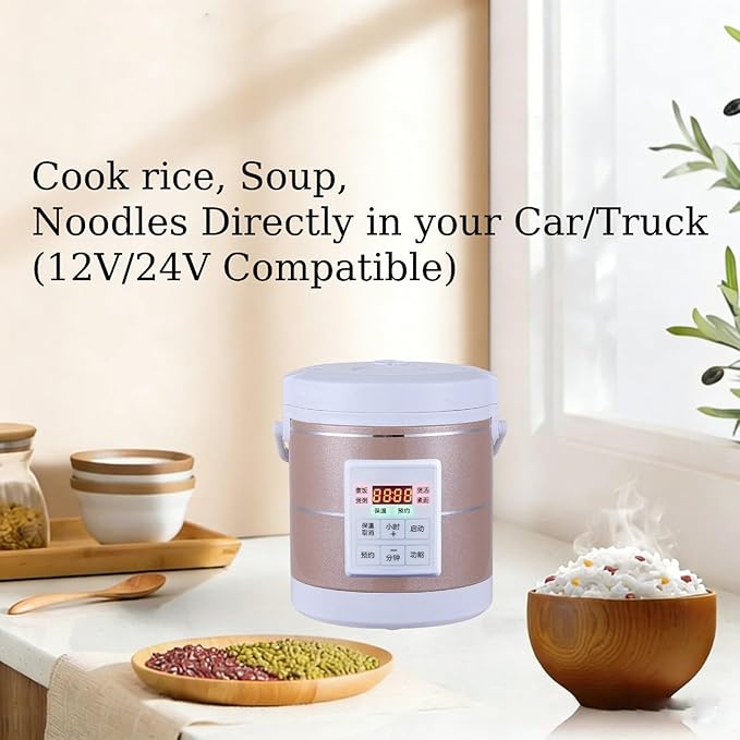 1.6L Rice Cooker 12V 24V 110V Mini Car home Multifunctional Small Rice Stove Cooking Heating and Keeping Warm Function Fast Cooker Gold (1601-1)