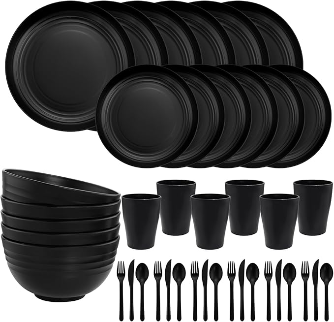 EI 42pcs Wheat Straw Dinnerware SetUnbreakable Reuasble PlatePlastic Plates and Bowls SetsLightweight Dinnerware for CampingPicnincParty-Black BowlsPlatesCupsCutlery