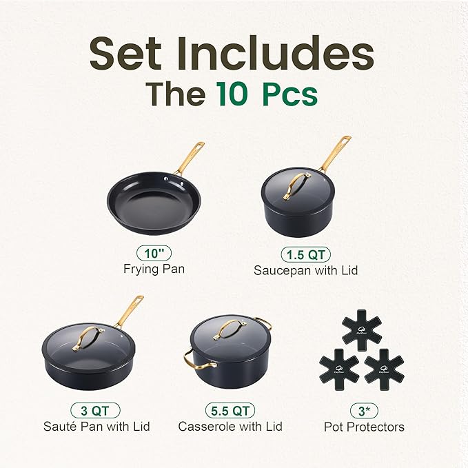 Chef Power Ceramic Cookware Sets 10Pcs Pots and Pans Set Non Stick Cookware Set with Stainless Steel Handle Dishwasher &amp Oven Safe Stone Black and Light Gold Handle