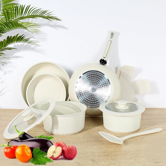 11 PCS pots and pans set pots and pans set non stick Removable Handles Induction and Oven Safe Cookware Set Dishwasher Safe Cream