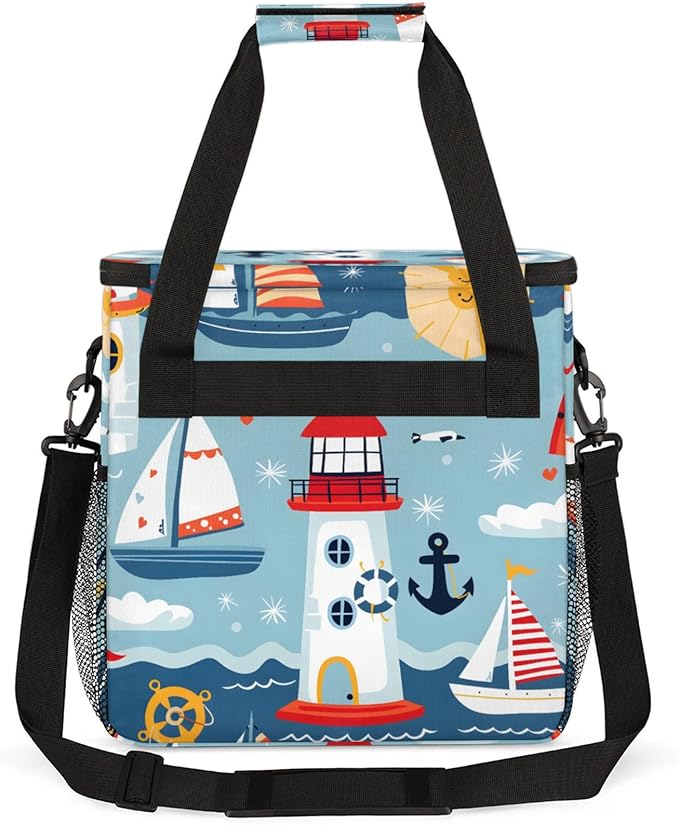 Cartoon Ship Lighthouse Coffee Maker Travel Bag for Keurig K-Mini/K-Mini Plus Insulated Waterproof Tote with Pockets Portable Single-Serve Brewer Case