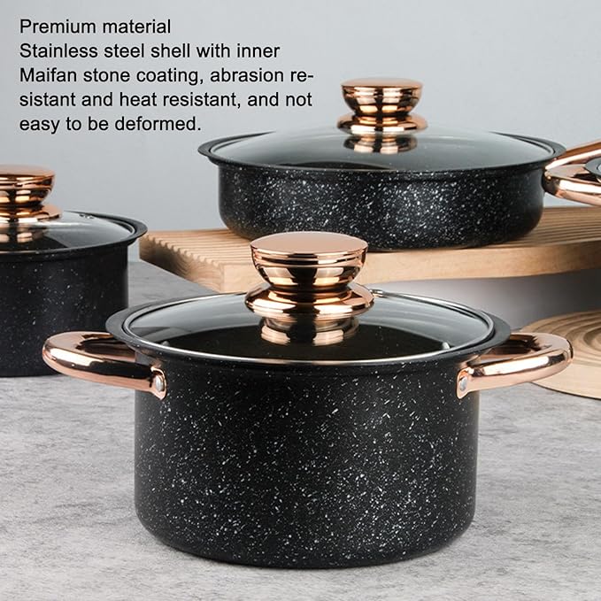 Pots and Pans Set Non Stick Cookware Set Stainless Steel Maifan Stone Coating Frying Pan Milk Pan Soup Pots Set with Glass Lids Cooking Pan for Home Kitchen