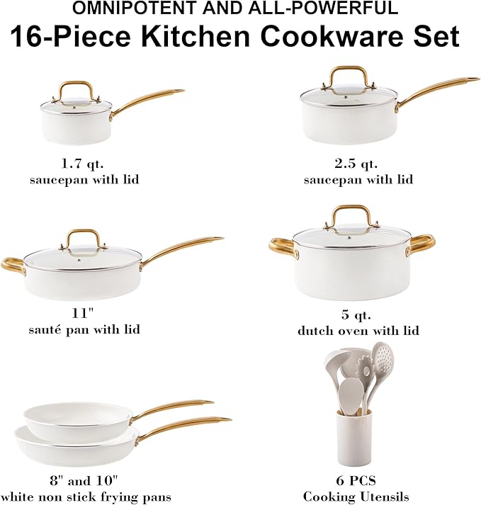 Ceramic Cookware Set VONIKI 16 Pcs Pots and Pans Set Non Stick Kitchen Cookware Sets with Cooking Utensils Set Non Toxic Cookware Set White Gold Pan Set for Cooking Pot Oven &amp Dishwasher Safe