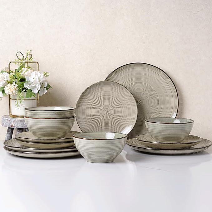 famiware Tempus Plates and Bowls Sets for 8 24 Pieces Stoneware Dinnerware Sets Dishes Set Reactive Glaze Dishware Sets Dishwasher &amp Microwave Safe - Castle Wall