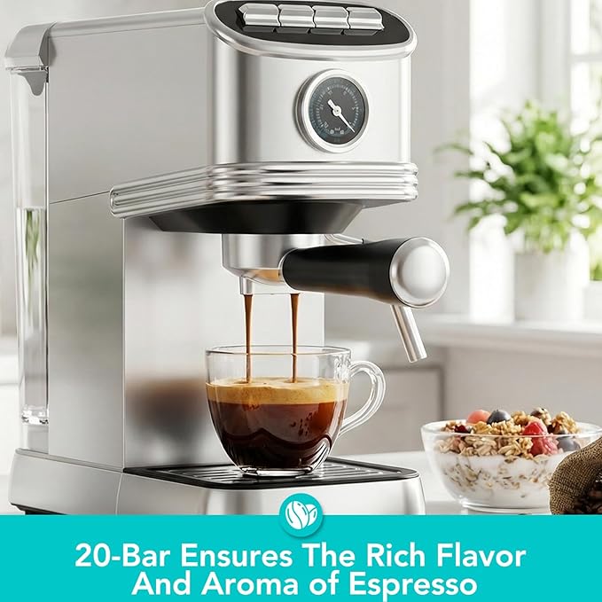 Espresso Machine 20 Bar Stainless Steel Espresso Maker with Steam Milk Frother Compact Coffee Machine with 45oz Removable Water Tank for CappuccinoLatte&ampCold Brew Home&ampOffice