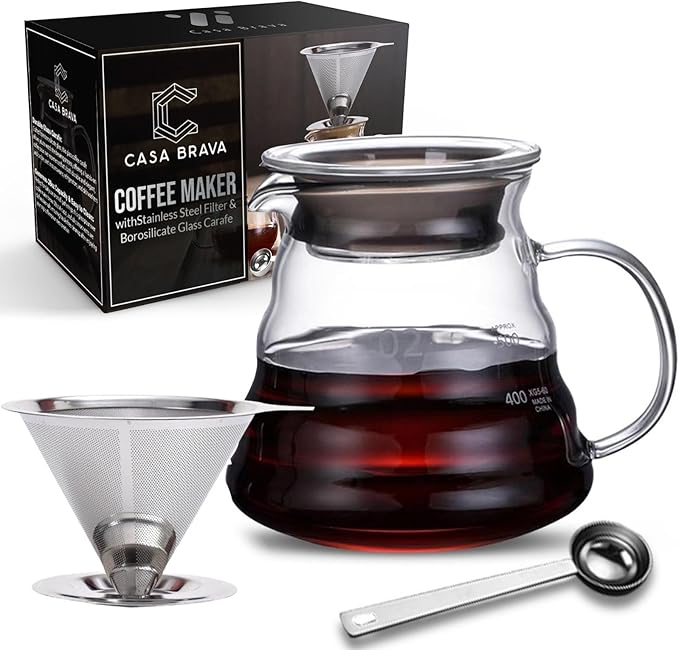CASA BRAVA Glass Pour Over Coffee Maker Set – 28oz (850ml) Heat-Resistant Carafe with Stainless Steel Reusable Dripper Bamboo Stand &amp Measuring Spoon – Plastic-Free Drip Coffee Brewer