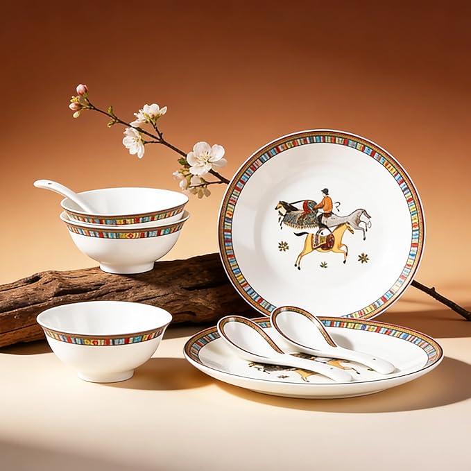 48 Piece Fine Bone China Dinnerware Set Luxury Horse Cheval Banquet Dinner Set - Elegant Design Dining Set for Everyday Use or Formal Occasions