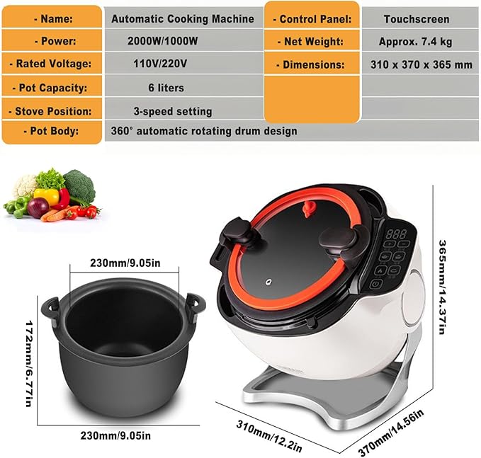 Automatic Cooking Machine 6l Auto Cooking Wok Fried Rice MachineOne-Click Smart Start Three Speed Adjustable360 ° Automatic Rotation For Stir Frying Stewing Cooking Soup Making 110V