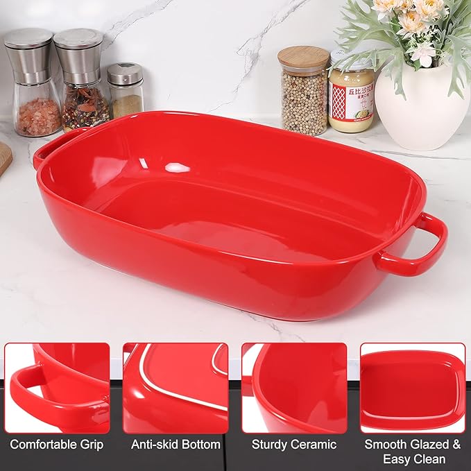 6 Quart Large Rectangular Baking Dish 16x11 Inches Ceramic Baking Pan Casserole Dish for CookingKitchen and Daily Use Safe for Oven Microwave Refrigerator Disinfection Cabinet and DishwasherRed
