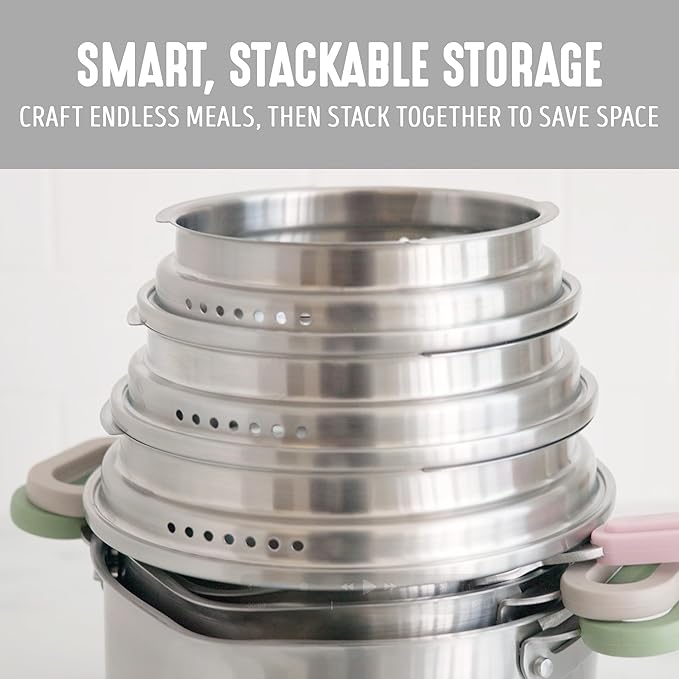 BK Twisting by Greenlife Stainless Steel 6 Piece Locking Lid Cookware Set Built in Strainer Induction Pots &amp Pans Drip-Free Pour Spouts Silicone Handles Saucepan Stock Pot Dishwasher Safe
