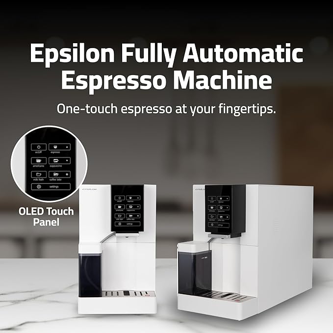 Epsilon Fully Automatic Coffee Machine Modern One Touch Espresso Machine Integrated Milk Frother and Custom Brewing Cafe Maker Compact Countertop Size Self Cleaning Cafetera (White)