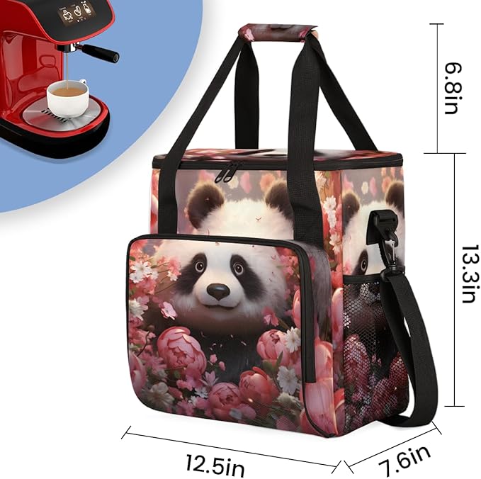 Panda Coffee Maker Carrying Bag Rose Flower Portable Travel Storage Tote Bag Compatible with K-Mini or K-Mini Plus Single Serve Coffee Brewer Carrying Case with Multiple Pockets &amp Shoulder Strap