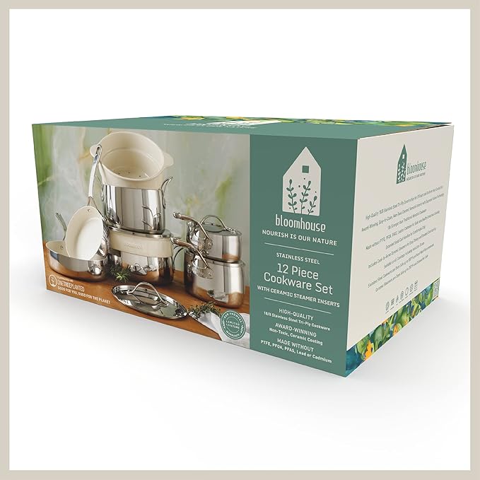 Bloomhouse 12 Piece Triply Stainless Steel Pots and Pans Cookware Set w/Non-Stick Non-Toxic Ceramic Interior Ceramic Steamer Inserts &amp 12 Protective Care Bags
