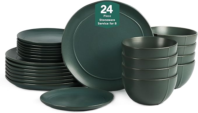 Stone Lain Infinity 24-Piece Dinnerware Set Stoneware Plates and Bowls Set Dishwasher and Microwave Safe Dish Set for 8 Green