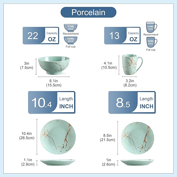 Ceramic Tableware Green 16/32/48 Piece Procelain Dinnerware Set Design by Gold Splash with Dinner PlateCake PlateBowlsCoffee Cups16-Piece
