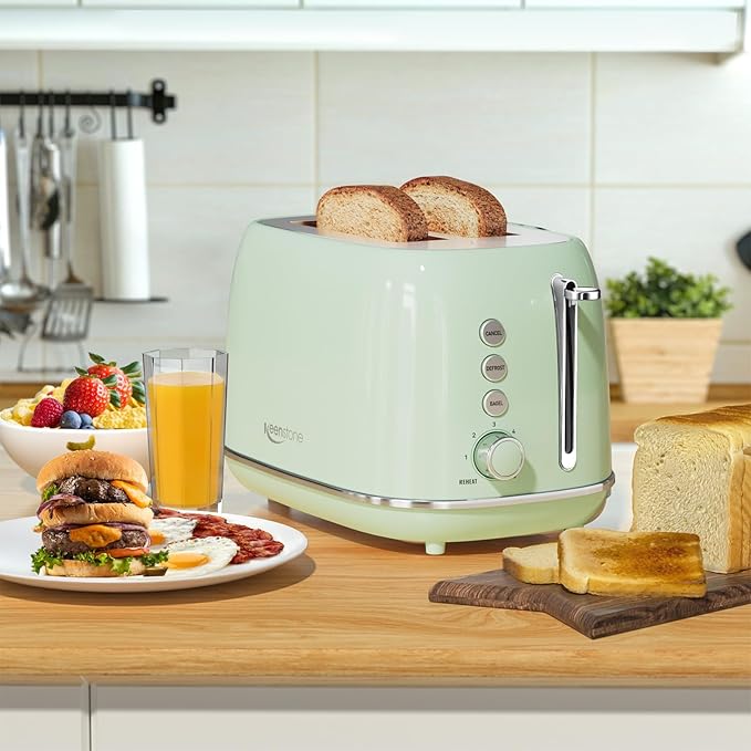 2 Slice Stainless Steel Toaster Retro with 6 Bread Shade Settings Bagel Cancel Defrost Function Extra Wide Slot Removable Crumb Tray Green