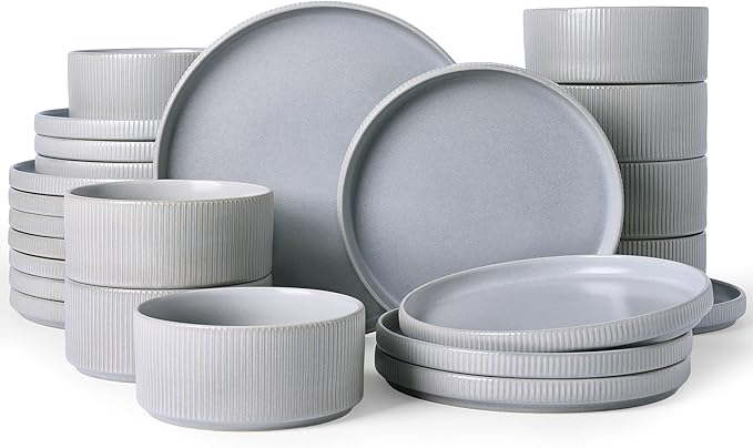 Famiware Star Dinnerware Set Plates and Bowls Sets for 8 (24pcs) Ribbed Stoneware Dishes - Chip &amp Scratch Resistant Microwave &amp Dishwasher Safe Matte Gray