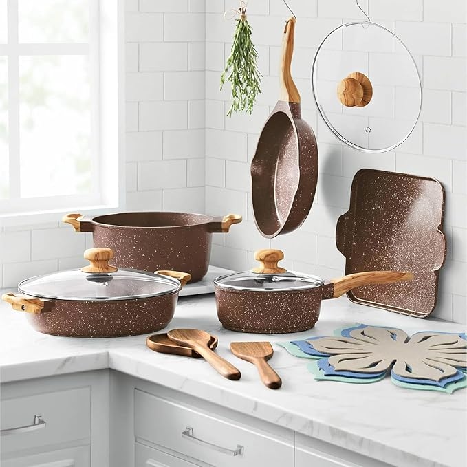 14-Piece Cast Aluminum Cookware Set Nonstick Prairie Signature Brown Speckle Kitchen Cooking Set Frypan Saucepan Dutch Pan Griddle 3 Felt Kitchen Cooking Set (Brown Speckle)
