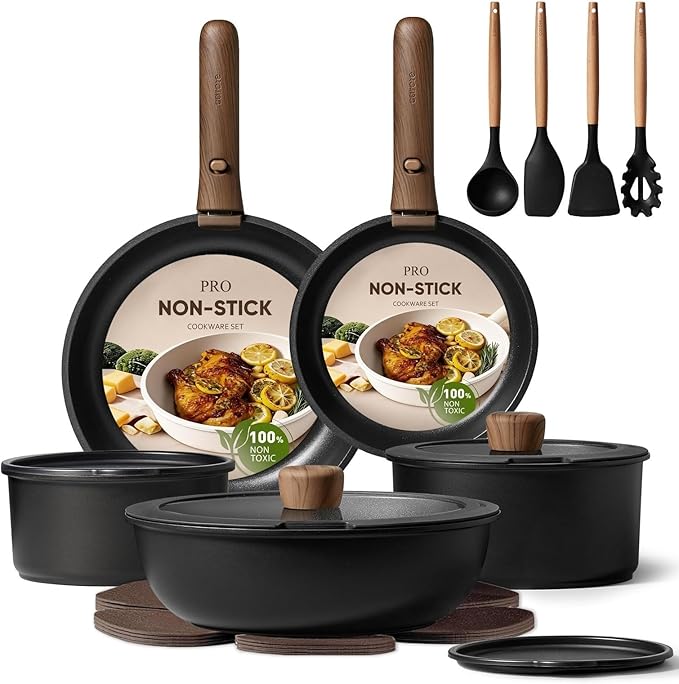 19-Piece Non-Stick Cookware Set with Detachable Handles - Versatile Induction Safe Pots and Pans for Easy Cooking and Storage