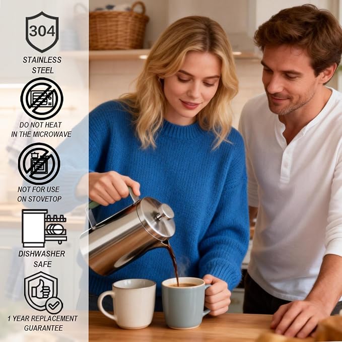 Stainless Steel French Press Coffee Maker 21OZ(0.6 Litre) Camping Coffee Press with Green Handle for Personal Office Travel(Sanding Silver 1-3 Cups)