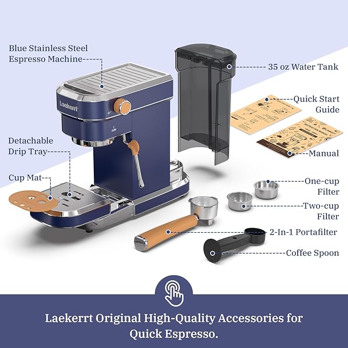 Laekerrt 20 Bar Espresso Maker CMEP01 with Milk Frother Steamer Home Expresso Coffee Machine for Cappuccino and Latte (Navy Blue Stainless Steel) Gift for Coffee Lovers Father