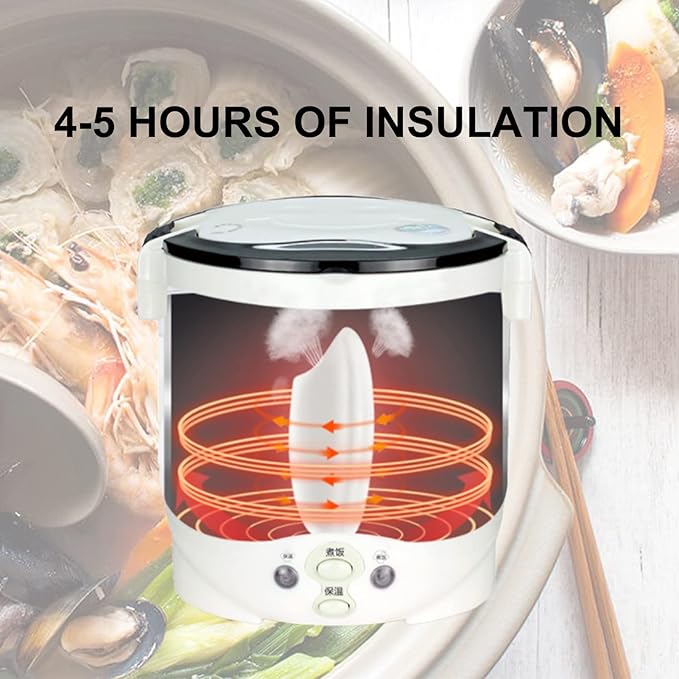 Mini Rice Cooker Vehicle-Mounted Rice Cooker 12V Thermal Insulation and Protection Function 1L Portable Steamer Boiling Pot Portable Handle Outdoor Boiling Cooker Portable Cooker (White)