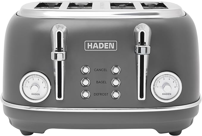 Haden Chelsea 4-Slice Wide Slot Stainless Steel Toaster with Adjustable Browning Control &amp Non-Slip Feet Grey &amp Chrome