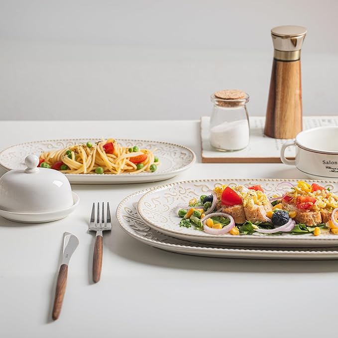 Serving Platters Set 14/12/10 Oval Ceramic Serving Plates Embossed Serving Trays for Party Oven Dishwasher Safe Vintage White Serving Dishes for Entertaining Appetizers Pasta Sushi