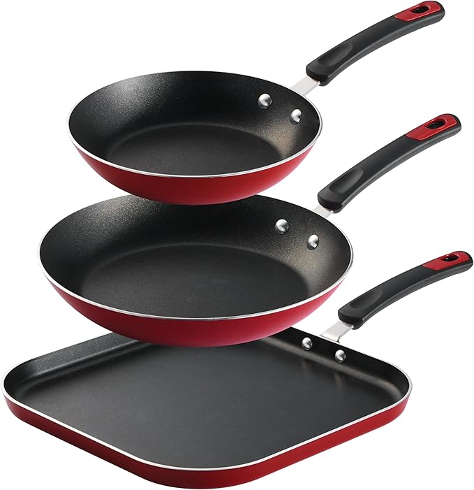 3 pc aluminum nonstick fry pan and griddle set – metallic red