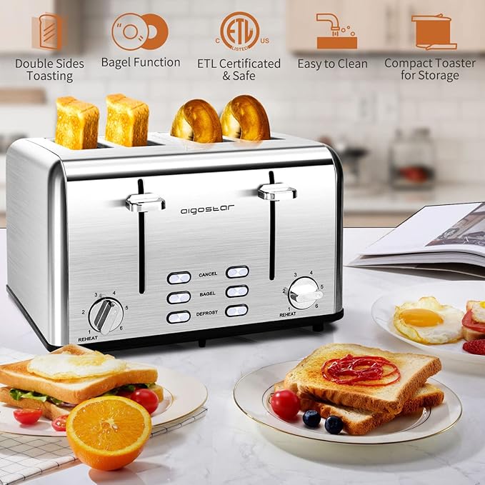 Aigostar Sandwich Maker Non-Stick Panini Press Sandwich Maker Breakfast Grilled Cheese Maker Stainless Steel Tostadora de Pan Toaster 4 Slice Wide Slot Toasters with Bagel Reheat Cancel