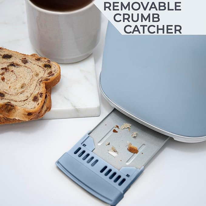 Rae Dunn Retro Rounded Bread Toaster 2 Slice Stainless Steel Toaster with Removable Crumb Tray Wide Slot with 6 Browning Levels Bagel Defrost and Cancel Options (Baby Blue)