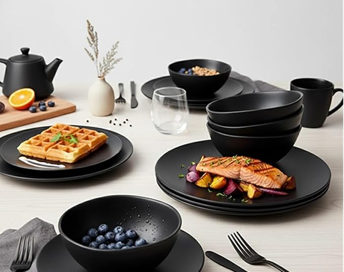 Organic Coupe Wheat PolyPro 12 Piece Dinnerware Set-4 Dinner Plates 4 Salad Plates 4 Bowls Matte Black