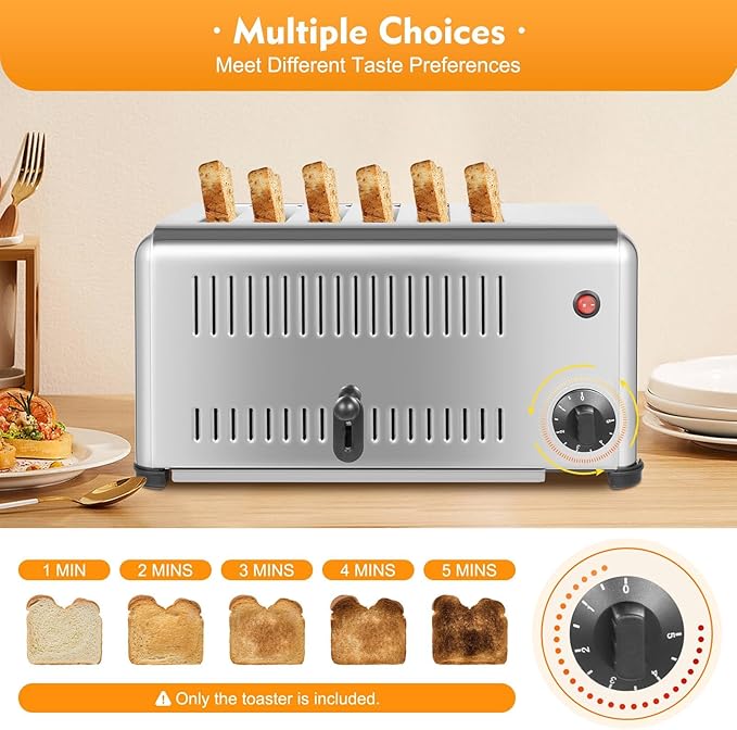 Commercial Toaster 6 Slices Stainless Steel Toaster 6 Bread Shade Settings 110V 1680W Electric Bread Baker with Timing Function for Restaurant Bakery Dessert Store Silver