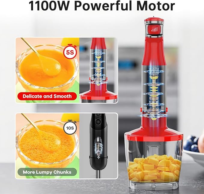 Immersion Blender Handheld Corded Hand Blenders Set 1100W Trigger Variable Speed 5 in 1 Stick Emulsifier with Chopper Whisk and Frother for Soup Baby Food and Smoothies Christmas red