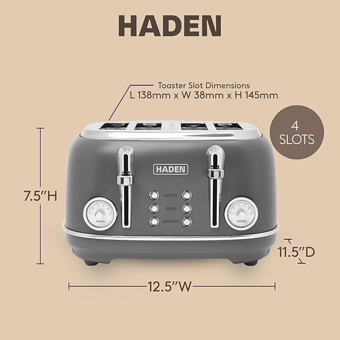 Haden Chelsea 4-Slice Wide Slot Stainless Steel Toaster with Adjustable Browning Control &amp Non-Slip Feet Grey &amp Chrome