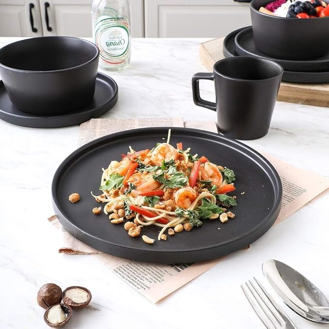 32 Piece Modern Trendy Stoneware Dinnerware Set Service for 8 Unique Lipped Edge Fully Dishwasher Microwave Safe Solid Color Grey Dinnerware Set